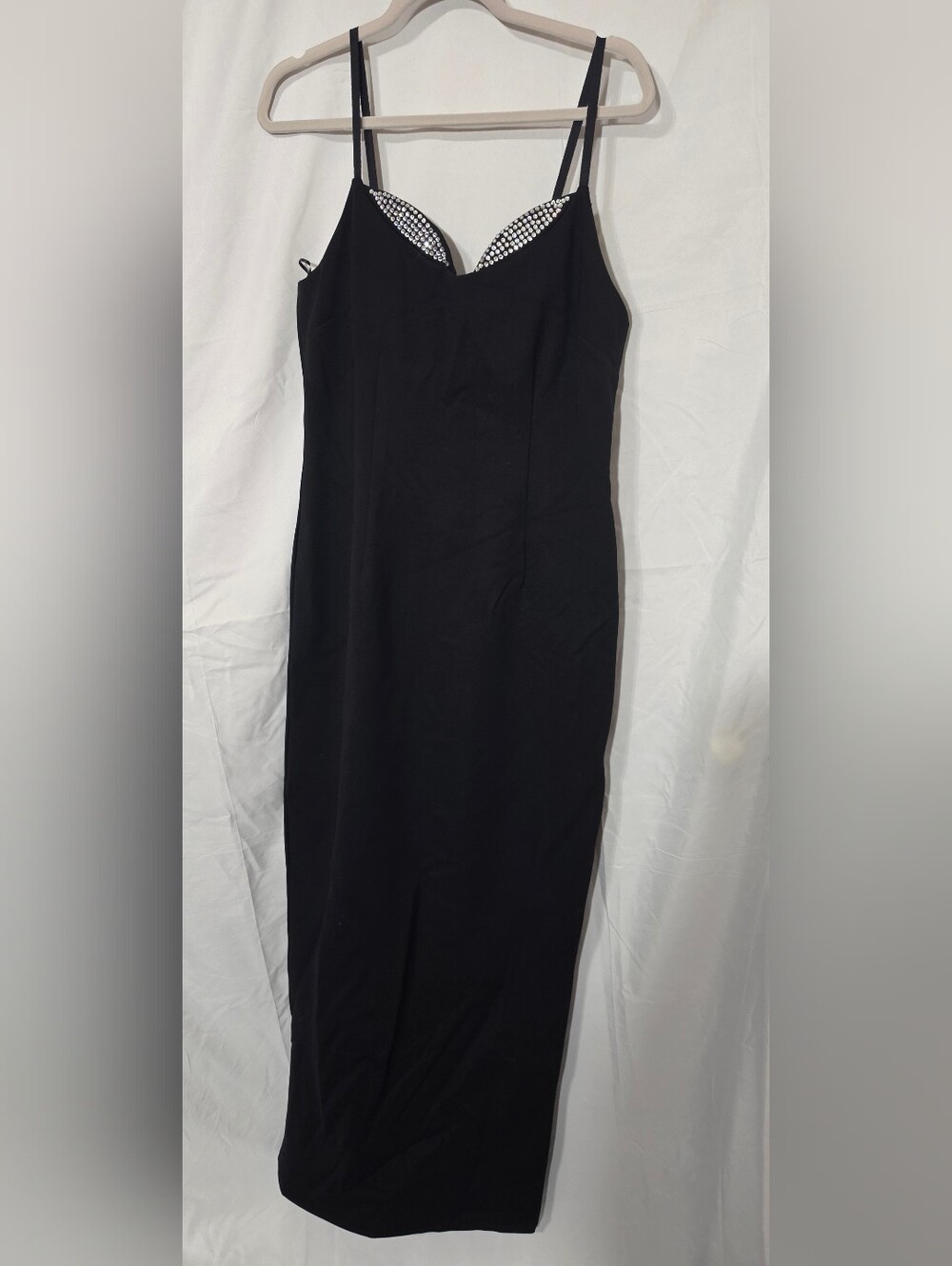 Good American Black Midi Slip Dress with Crystal-Embellished Bust